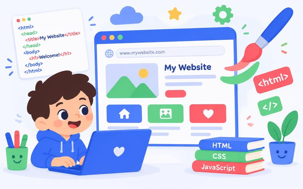 Child building a colourful website on a laptop